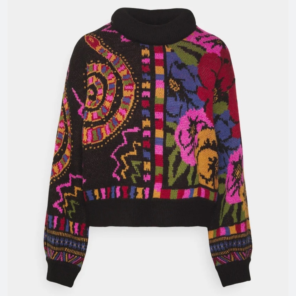 NWT Farm Rio Black Mixed Scarves Sweater